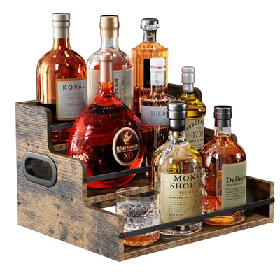 Nuovoware Liquor Bottle Display Shelf Countertop, 3 Step Wood Coffee Syrup Organizer with Handle Fence, 12-Bottle Liquor Display Home Retro Wine Rack for Liquor Whiskey Wine Coffee Syru, Wooden