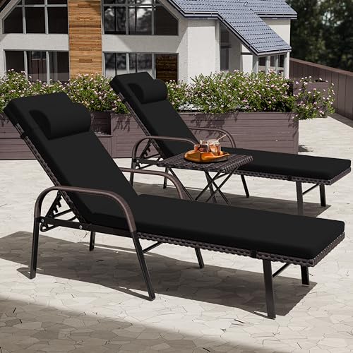 ASJMR Patio Chaise Lounge Set 3 Pieces Outdoor Lounge Chair with Rattan Adjustable Backrest Armrest and Folding Table for Beach Patio,Sand, for Poolside Backyard Porch