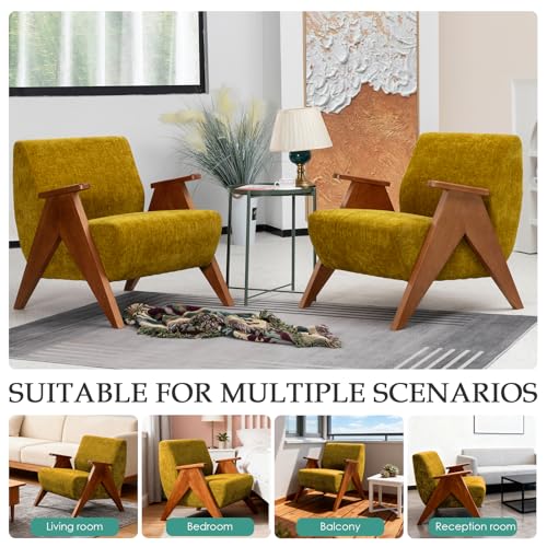 Home Accent Chair Mid Century Modern Accent Chair with Wood Frame, Lounge Upholstered Armchair, Reading Chair, Sturdy Base,For Living Room, Bedroom,Office,Comfy Guest Waiting Room Chairs,Yellow TXIWVER