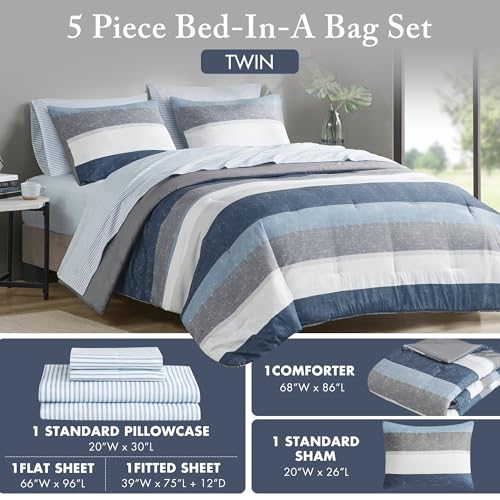 Madison Park Essentials Jaxon Twin Comforter Set, Bed In A Bag Comforter & Sheet Set, Modern Casual Stripes Print, All Seasons, Soft Microfiber Bedding Makeover, Matching Sham, Twin, Blue/Grey 5 Piece Madison Park