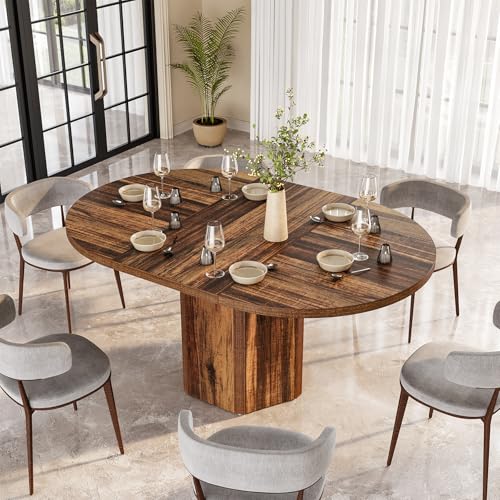 LITTLE TREE 55-Inch Rustic Oval Dining Table for 6, Wood Kitchen Table, Country Chic Furniture for Kitchen, Dining Room & Living Room Wooden Base, Brown Finish LITTLE TREE