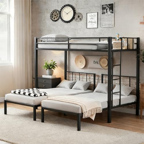 Mixcous Triple Bunk Bed Twin XL Over Twin & Twin, Heavy Duty Metal Bed Convertible to 3 Beds for Teens & Adults, Bunk Bed Frame with Adjustable Ladder, Noise-Free, Ideal for Space-Saving Needs, Black Mixcous