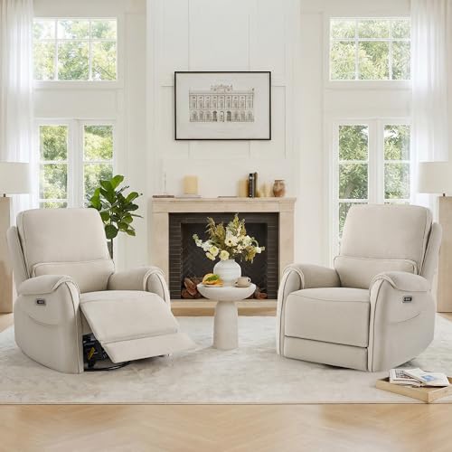 Watson & Whitely Power Recliner Chair W 3-Level LED Night Light, Swivel Glider Nursery Rocking Chair W Lumbar Pillow for Living Room, Oeko-TEX & FSC Certified, Fabric Sand