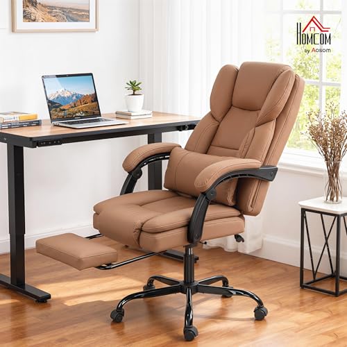 HOMCOM Massage Office Chair with 6 Vibration Points, Pet-Friendly Faux Leather, Reclining Desk Chair with Lumbar Support, Footrest, Adjustable Height, Swivel Wheels, Remote, Brown HOMCOM