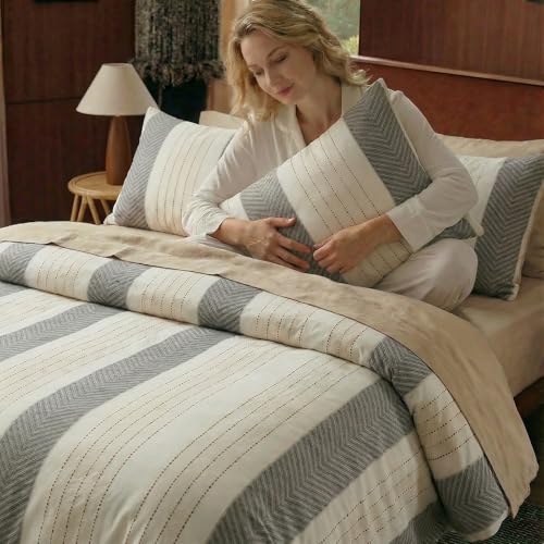 Cozaline 100% Cotton Tufted Duvet Cover Set Queen, Grey and White Striped Duvet Cover, Soft Breathable Comforter Cover with Zipper Closure, Modern Minimalist Bedding Set Cozaline