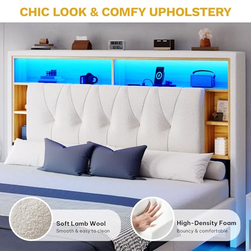 DWVO Queen Size Floating Bed Frame with Bookcase Storage Headboard, RGB LED Lights Beds with Charging Station, Upholstered Platform with Heavy Duty Wood Slat, No Box Spring Needed, Beige DWVO