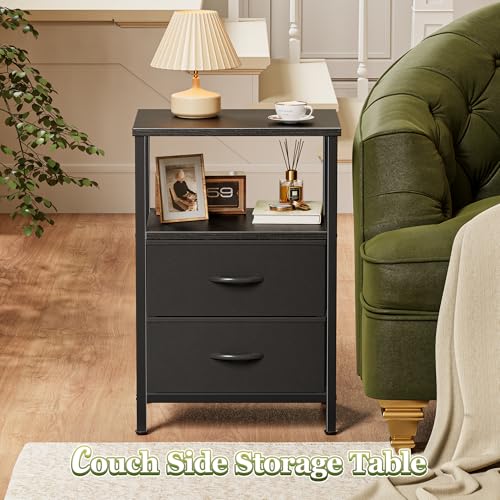 Huuger Night Stand Set of 2, Nightstand with 2 Drawers, Bed Side Table with Open Shelf, Wooden Top, End Table, Fabric Drawer, for Bedroom, Black Huuger