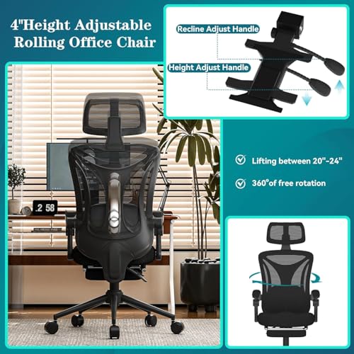 Ergonomic Office Chair with Footrest - Adjustable Lumbar Support & Headrest, 90-160° Reclining Mesh Back Computer Chair - Home Office/Gaming, 350lbs Capacity (SGS Certified) CYKOV