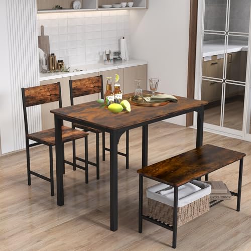 Moccha Dining Table Set for 4, Wooden Kitchen Table with with 2 Chairs and a Long Bench, Modern 4-Piece Dinette with Metal Frame & Storage Rack, Space-Saving Table Set for Dining Room, Rustic Brown LDAILY