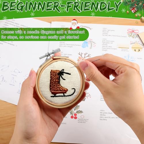 14 PCS Hand Embroidery Christmas Ornaments Kit, Christmas Embroidery Kit with DIY Material Package, 3D Novice Embroidery Needlepoint Starter Kit with Easy Patterns & Instructions (Red)
