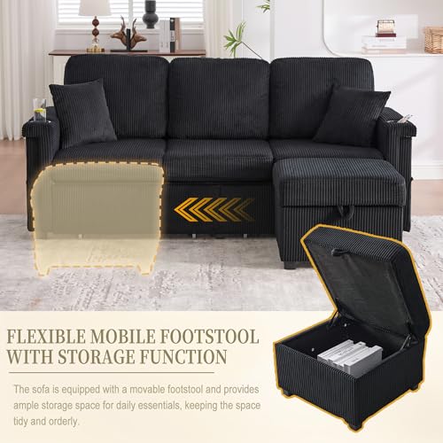 76.8" L-Shaped Sleeper Sofa with Storage Ottoman, USB Ports, Cup Holders&LED Lights, Side Pockets, Comfy Corduroy Modern 3-Seater Small Couch Bed for Living Room with 2 Throw Pillows (Black) SLEERWAY