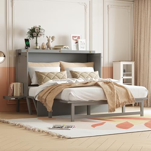 Ball & Cast Queen Size Murphy Bed W/Desk & 2 Removable Shelves,Cabinet Bed W/ 2 USB Port & Power Outlets,Wall Bed Frame for Home Office,Apartment,Guest Room,Grey