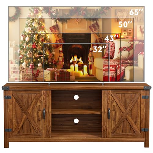 YESHOMY Modern Farmhouse TV Stand with Two Barn Doors and Storage Cabinets for Televisions up to 65+ Inch,Entertainment Center Console Table,Media Furniture for Living Room,58 Inch, Walnut,YH-TS103DWA YESHOMY