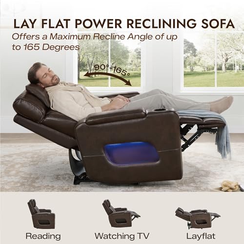 Watson & Whitely Genuine Leather Power Recliner Chair with Power Headrest, Lay Flat Home Theater Recliner with LED Lighting, Massage & Heat, Arm Storage & Cup Holders for Living Room, Brown