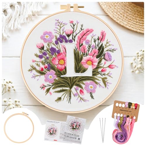 Zerzsy 7.87 '' Embroidery Kits Plant Flower Leaf English Letter Patterns for Beginners Adults, Easy to Learn Cross Stitch Kit for Home Office Decor