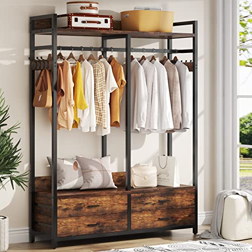 Tribesigns Freestanding Closet Organizer for Hanging Clothes, Heavy Duty Garment Rack with 4 Drawers, 8 Hooks and Storage Shelves, Wardrobe Closet Clothing Rack for Bedroom, Living Room, Rustic Brown Tribesigns