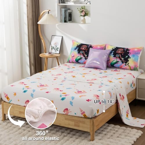 A Nice Night 6pcs Comforter Set,Black Girl Princess Mermaid with Green Tail Printed,Pink Gradient Glitter Rainbow Background Kids Bedding Set,Twin A Nice Night
