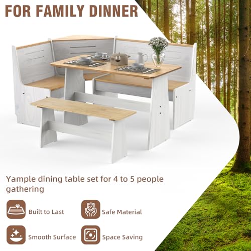 Gracava Breakfast Nook Table Set for Kitchen - White Bench Seating for Dining Room with Space Saving Solid Wood L Shaped Corner Dining Table Set Apartment for 4 to 6 People Gracava