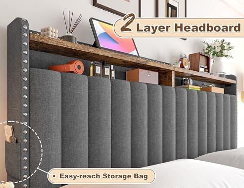 EnHomee King Size Bed Frame, Upholstered King Bed Frame with 4 Storage Drawers & 2-Tier Headboard Shelves, 1200LBS Heavy Duty, No Box Spring Needed, Easy Assembly, Grey EnHomee