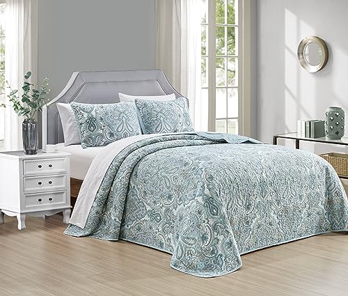 Grand Linen 3 Piece Oversized Lightweight All-Season Paisley Design Quilt Set, King Size, 115” Wide x 95” Long, Soft Microfiber Bedspread with 2 Shams, Blue, Grey and Brown Colors, Reversible Coverlet Grand Linen