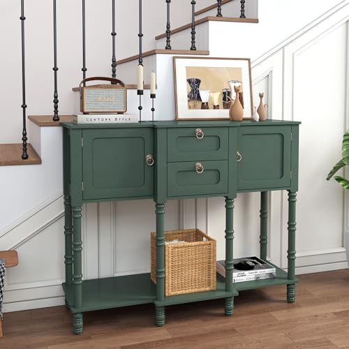 Topbele Green Entryway Table with Storge, Mid-Century Modern Console Table with 2 Drawers, Retro Narrow Long Behind Couch Sofa Table for Living Room, Foyer, Hallway Topbele