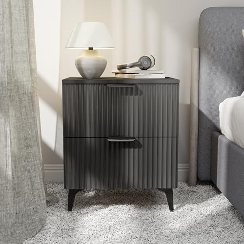 GRAINLLE Wood Night Stand Set 2 Fluted Dresser for Bedroom 2 Drawers End Tables Nightstands Set of 2, Storage Modern Bedside Table Set of 2, Black Nightstand GRAINLLE