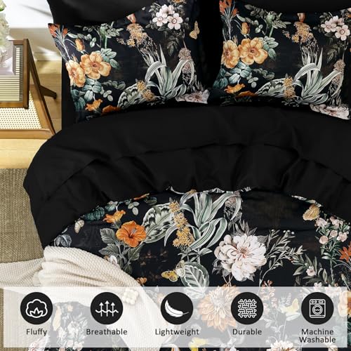 WONGS BEDDING Black Comforter Set Queen, 7 Pieces Bed in a Bag Botanical Floral Comforter Bedding Set, Soft Microfiber Comforter with Flat Sheet, Fitted Sheet, Pillow Shams, Pillowcases WONGS BEDDING