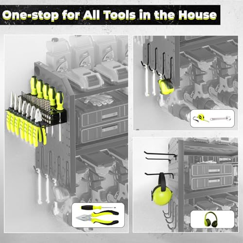 KAFAHOM Power Tool Organizer,Large 8 Drill Holder Wall Mount with 2 Side Pegboards,Metal Tool Shelf with 12 Hooks,Storage Rack for Garage KAFAHOM