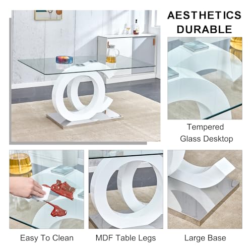 Ebullient Glass Dining Table Set for 6 ,7 Piece Dining Table Set,Tempered Glass Table Top,White Modern Dining Room Table with 6 PU Leather Ergonomic Dining Chairs Ebullient