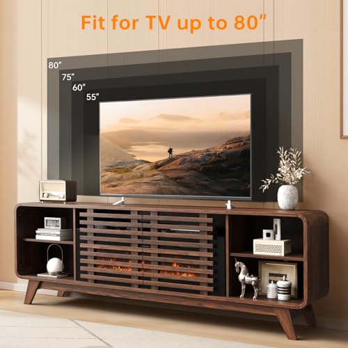 Breezestival 36" Electric Fireplace TV Stand for 80" TVs, Mid Century Modern Walnut Console with LED Lights & Sliding Doors Breezestival