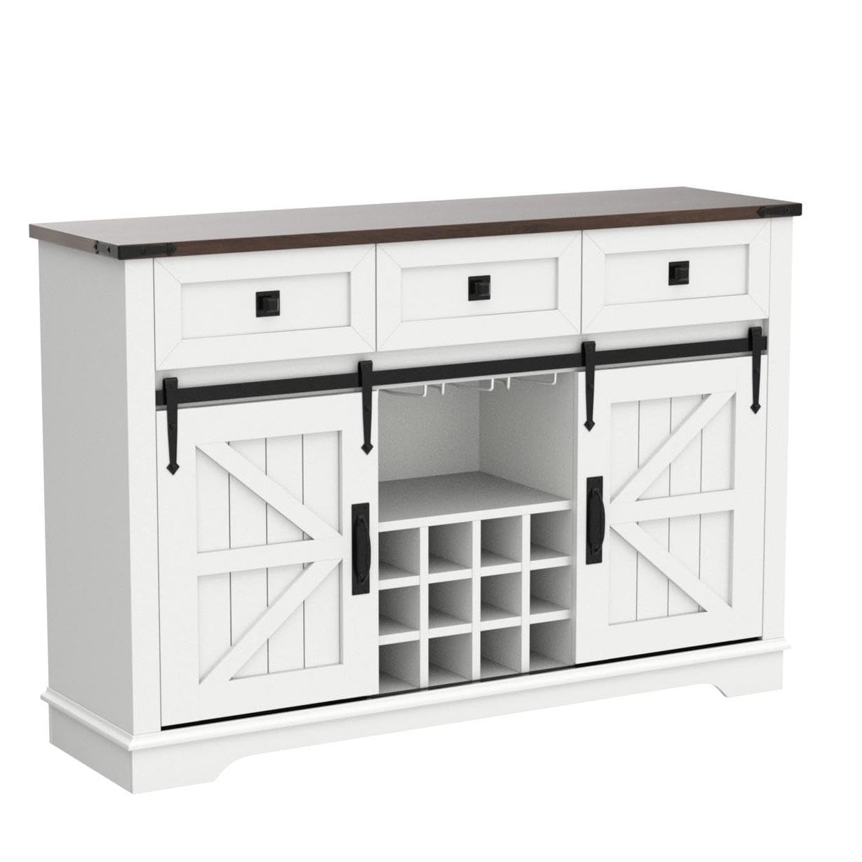 OKD 54" Farmhouse Buffet Cabinet with Storage, Large Kitchen Coffee Bar w/Sliding Barn Door, Wine & Glass Rack, Rustic Wine Bar Sideboard Table w/ 3 Drawers, Storage Shelves, Antique White OKD