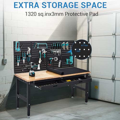 60 Inch Adjustable Work Table, 3000 Lbs Capacity Rubber Wood Tabletop Workbench, Heavy Duty Work Bench Table with 2 Drawers & Pegboard for Garage Woodworking Shop, with Power Outlet & Pegboard EliteEdge