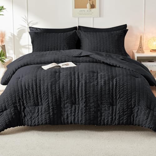 HYMOKEGE Black Queen Comforter Set Seersucker 7 Pieces, All Season Luxury Bed in a Bag for Bedroom, Bedding Set with Comforters, Sheets, Pillowcases & Shams HYMOKEGE