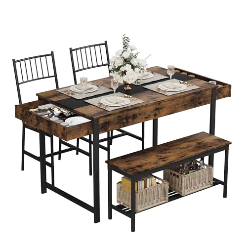 IDEALHOUSE Dining Table Set for 4, Small Kitchen Table and 2 Chairs for 4 with Bench, Breakfast Nook Rectangular Farmhouse Table Set, Space Saving Kitchen Table Set with Storage Drawers, Retro Brown IDEALHOUSE