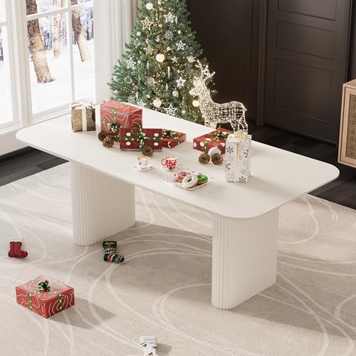 RGZ 71" Modern Cream White Oval Kitchen Table, Dining Table for 4-6 People, Easy to Assemble Accent Oval Dinner Room Table with White Ripple Legs for Home, Apartment, Dining Room, Kitchen RGZ