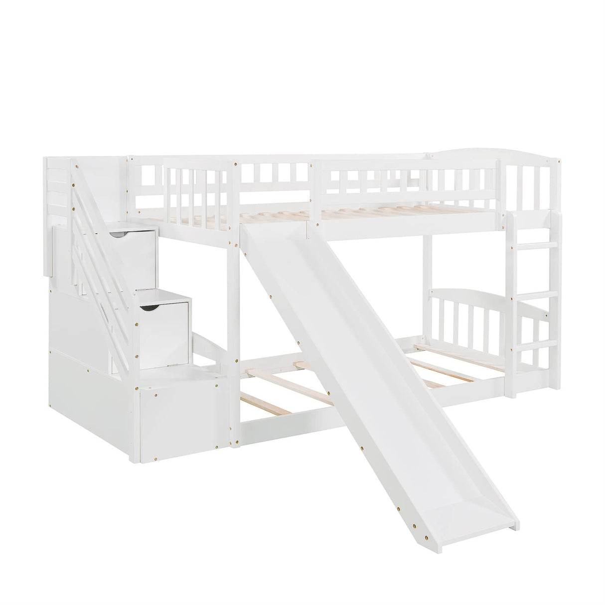 Bunk Beds with Slide Twin Over Twin Low Bunk Bed Frame with Storage Drawers Stairway Wood Bunk Bed for Kids Boys Girls, White Bellemave