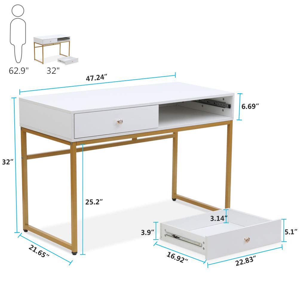 Tribesigns Computer Desk, Modern Simple 47 inch Home Office Desk Study Table Writing Desk with 2 Storage Drawers, Makeup Vanity Console Table, White and Gold Tribesigns