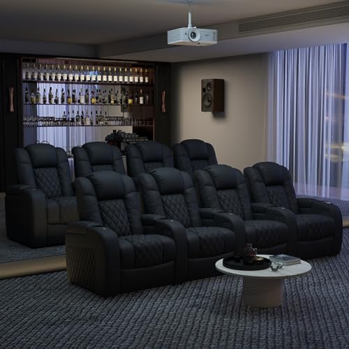 Weilianda Home Theater Seating, Top Grain Leather Zero Gravity Movie Seats Recliner Sofa, Reclining Gaming Couch with Power Lumbar 7 Colors Ambient Lighting USB C Charge Row of 4 Black Weilianda
