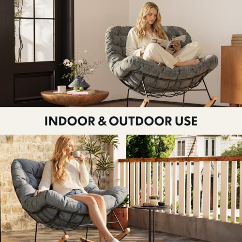FLEXISPOT Oversized Outdoor Rocking Chair with Thick Cushioned Seat & Bonus Pillow, Modern Patio Papasan Rocker Lounge Chair with Metal Frame Wood Base Accent Chair for Porch Balcony Living Room Grey