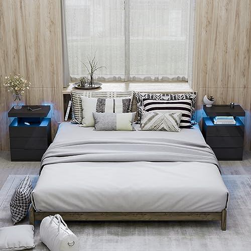 HOMMPA LED Nightstand with Wireless Charging Station 2 Outlets USB Port Type C Black Bedside Table with 3 Drawers Modern Smart LED Nightstand Tall 26.8in High Gloss Night Table with Light for Bedroom HOMMPA