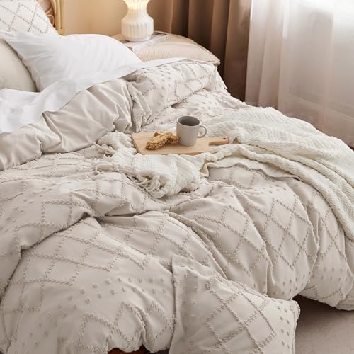 Bedsure Boho Duvet Cover Queen Size - Beige Breathable & Soft Boho Bedding, Machine Washable Comforter Cover for All Seasons, Includes 1 Duvet Cover 90"x90" with 2 Pillow Shams & Zipper Closure Bedsure