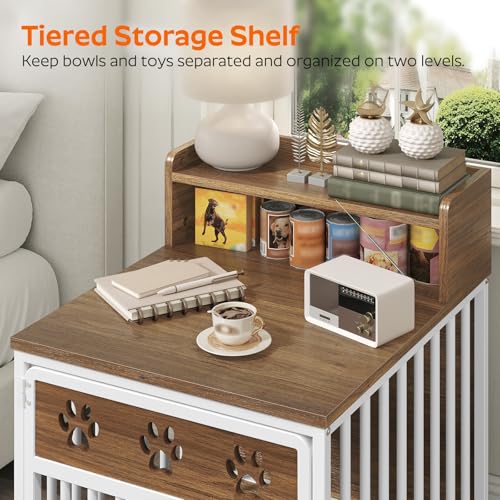 YATINEY Dog Crate Furniture for Small Dogs, Wooden Dog Kennel, Indoor Pet Crate End Table, Two-Tier Small Pet Crate, for Living Room, Bedroom, White and Walnut DC01WH YATINEY