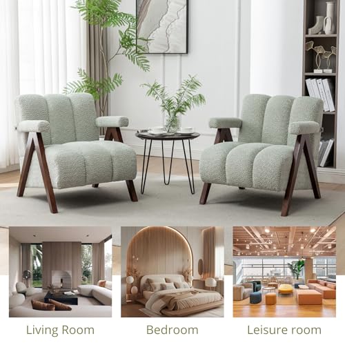 DRKAT Mid Century Modern Accent Chair with Solid Wood Frame, Boucle Upholstered Living Room Chairs with Thick Cushion, Comfy Tufted Arm Chair for Bedroom, Sage DRKAT