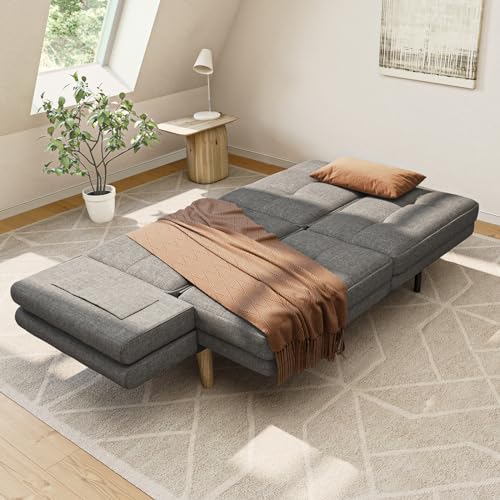 Gizoon Futon Sofa Bed, 70.9" Futon Couch with Adjustable Backrest, Removable Armrest for Extended Length, Mid Century Modern Loveseat for Living Room, 6 Wood Legs, 2 Metal Support Rods, Dark Grey Gizoon