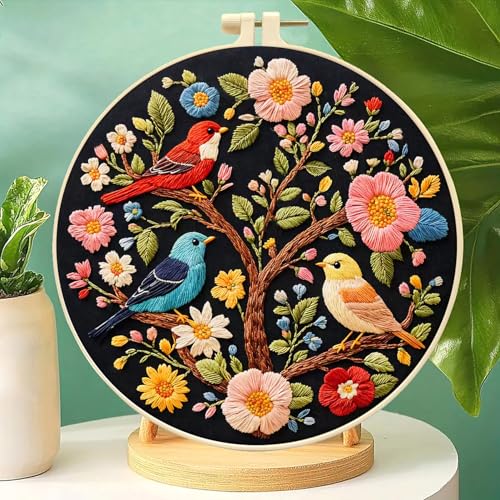 Zhenqing Three Birds on Floral Tree Embroidery Kit for Beginners, Pre-Printed 29x29cm Cotton Fabric with 20cm Hoop, Colorful Birds Design on Dark Background (C0240)