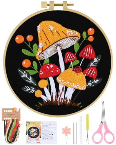 ERKOON Embroidery Kit for Beginners, Flower Cross Stitch Set for Include Embroidery Cloth Hoops Threads for Craft Lover Hand Stitch with Embroidery Skill Techniques (Mushroom)