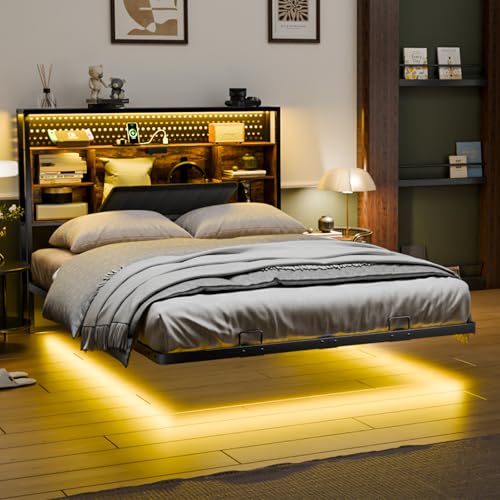 VINGLI Full Size Floating Bed Frame with Headboard, LED Lights & Charging Station, Cozy Velvet Upholstered Headboard, Hidden Storage, Heavy Duty Metal Frame, No Box Spring Needed, Easy Assembly, Black VINGLI