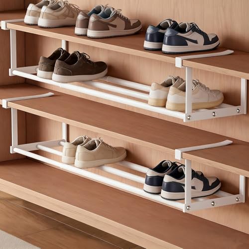 Under-Shelf Expandable Shoe Rack Organizer, White Metal, 40-70cm Width Adjustable, Cabinet Storage for Closet (2 Pcs) Generic