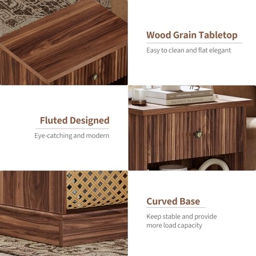 IDEALHOUSE Fluted Nightstand with Drawer, Mid Century Modern Bedside Table with Open Shelf, Brown Nightstand with Storage, Space Saving Side Table with Curved Edge Base for Living Room Bedroom IDEALHOUSE