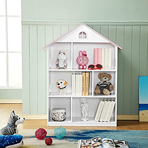 WODENY Pink Wooden Dollhouse Bookcase - 3-Tier Storage Organizer for Kids' Toys and Books WODENY